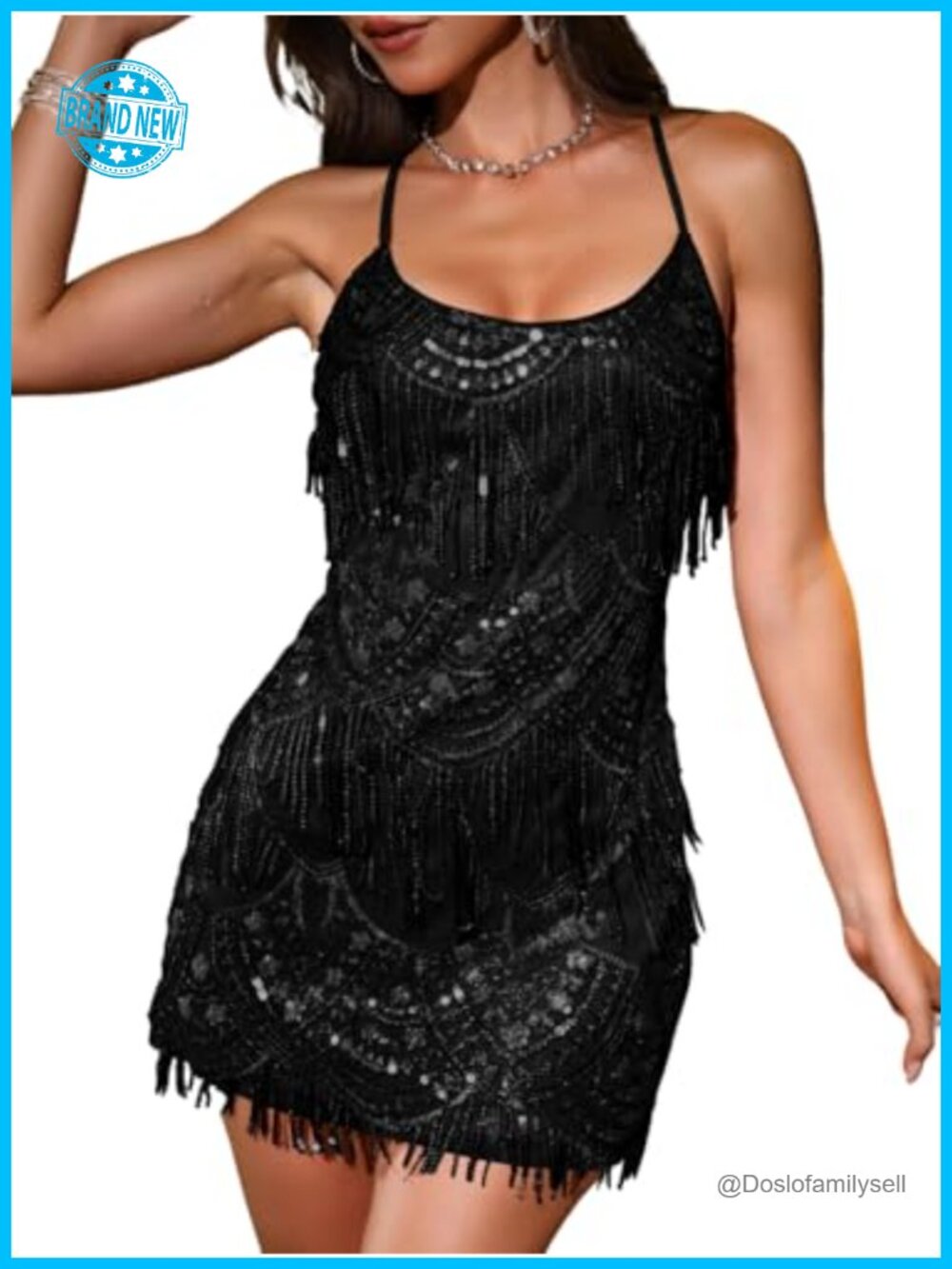 Sequin Fringe Scoop Neck Backless Bodycon Mini Dress Spaghetti Strap Party